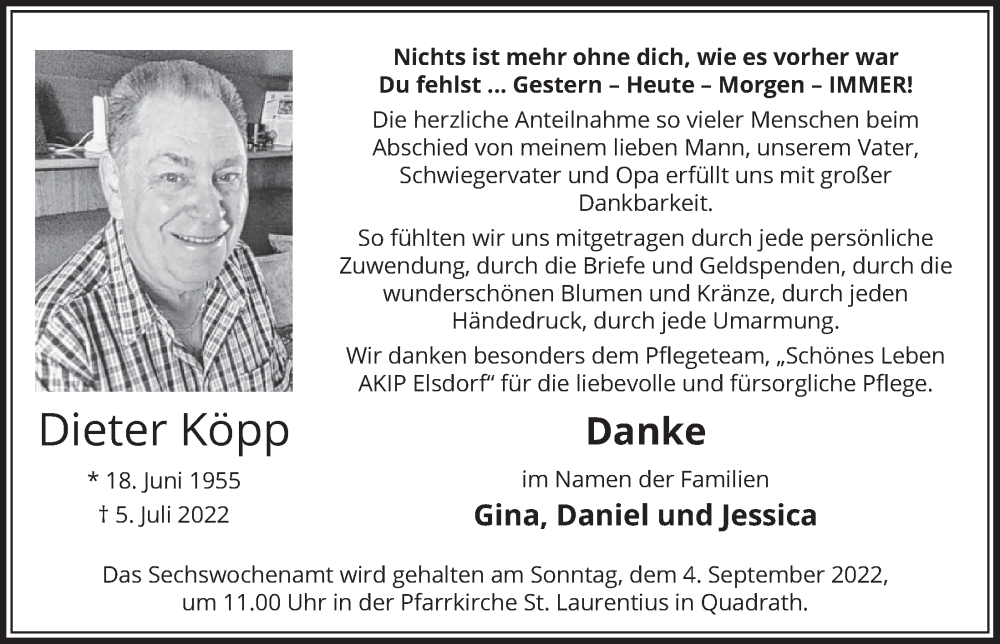  Traueranzeige für Dieter Köpp vom 26.08.2022 aus  Werbepost 