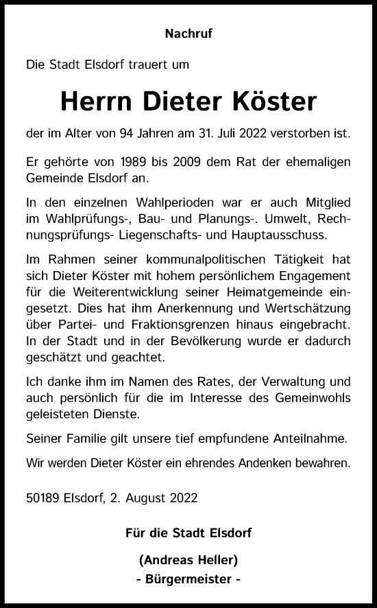 Anzeige von Dieter Köster von Kölner Stadt-Anzeiger / Kölnische Rundschau / Express