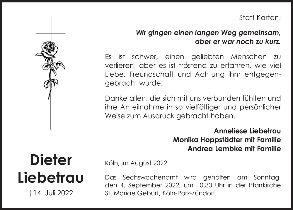  Traueranzeige für Dieter Liebetrau vom 19.08.2022 aus  EXPRESS - Die Woche 