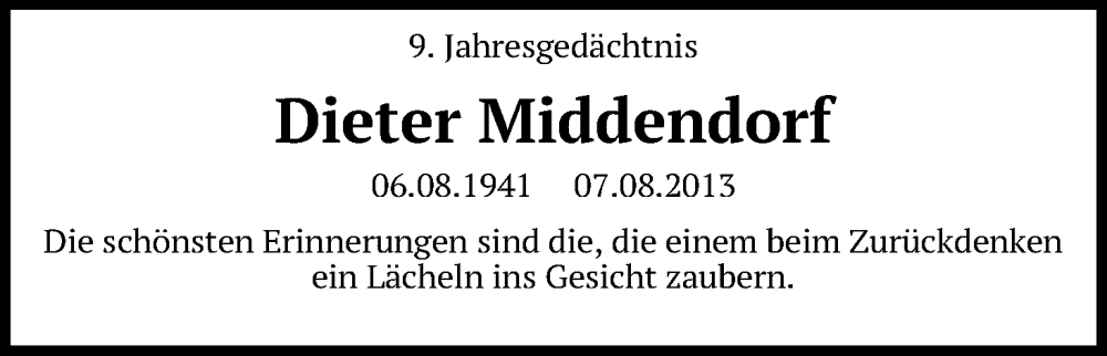  Traueranzeige für Dieter Middendorf vom 18.07.2023 aus Kölner Stadt-Anzeiger / Kölnische Rundschau / Express