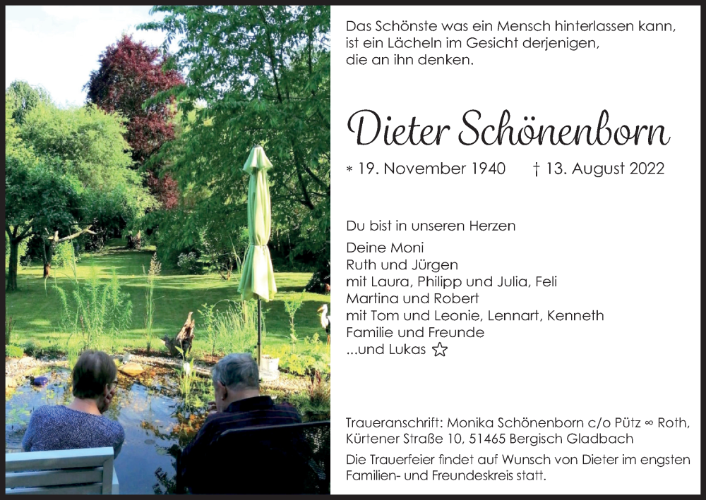  Traueranzeige für Dieter Schönenborn vom 20.08.2022 aus Kölner Stadt-Anzeiger / Kölnische Rundschau / Express