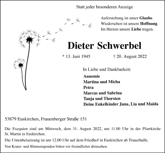 Anzeige von Dieter Schwerbel von  Blickpunkt Euskirchen 