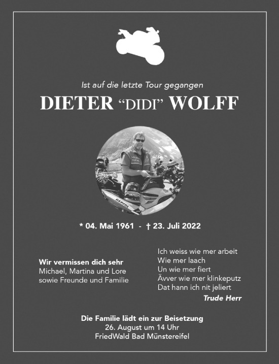 Anzeige von Dieter Wolff von  Schaufenster/Blickpunkt 