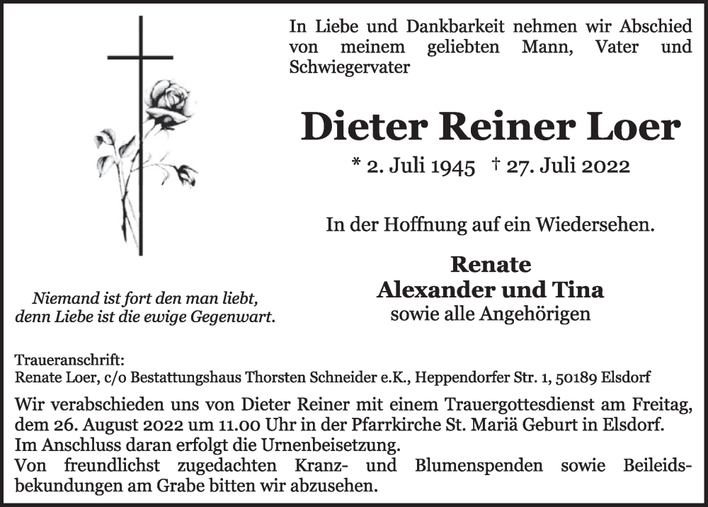  Traueranzeige für Dieter Reiner Loer vom 19.08.2022 aus  Werbepost 