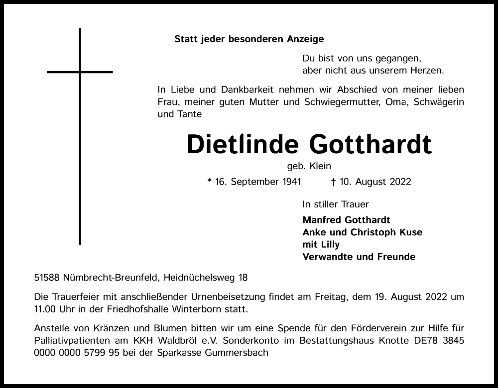  Traueranzeige für Dietlinde Gotthardt vom 13.08.2022 aus Kölner Stadt-Anzeiger / Kölnische Rundschau / Express