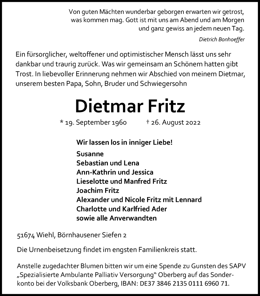  Traueranzeige für Dietmar Fritz vom 30.08.2022 aus Kölner Stadt-Anzeiger / Kölnische Rundschau / Express