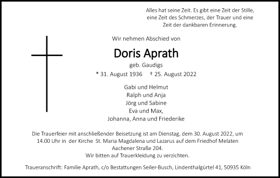 Anzeige von Doris Aprath von Kölner Stadt-Anzeiger / Kölnische Rundschau / Express