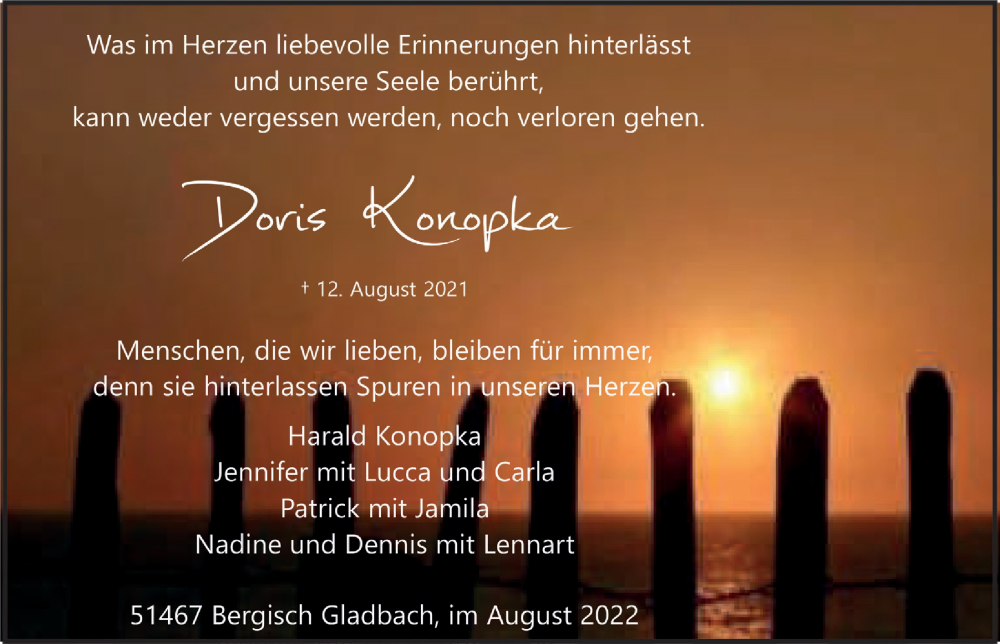  Traueranzeige für Doris Konopka vom 12.08.2022 aus  Bergisches Handelsblatt 