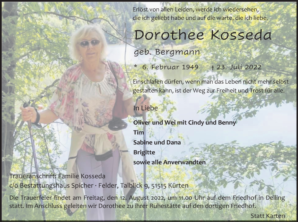  Traueranzeige für Dorothee Kosseda vom 06.08.2022 aus Kölner Stadt-Anzeiger / Kölnische Rundschau / Express