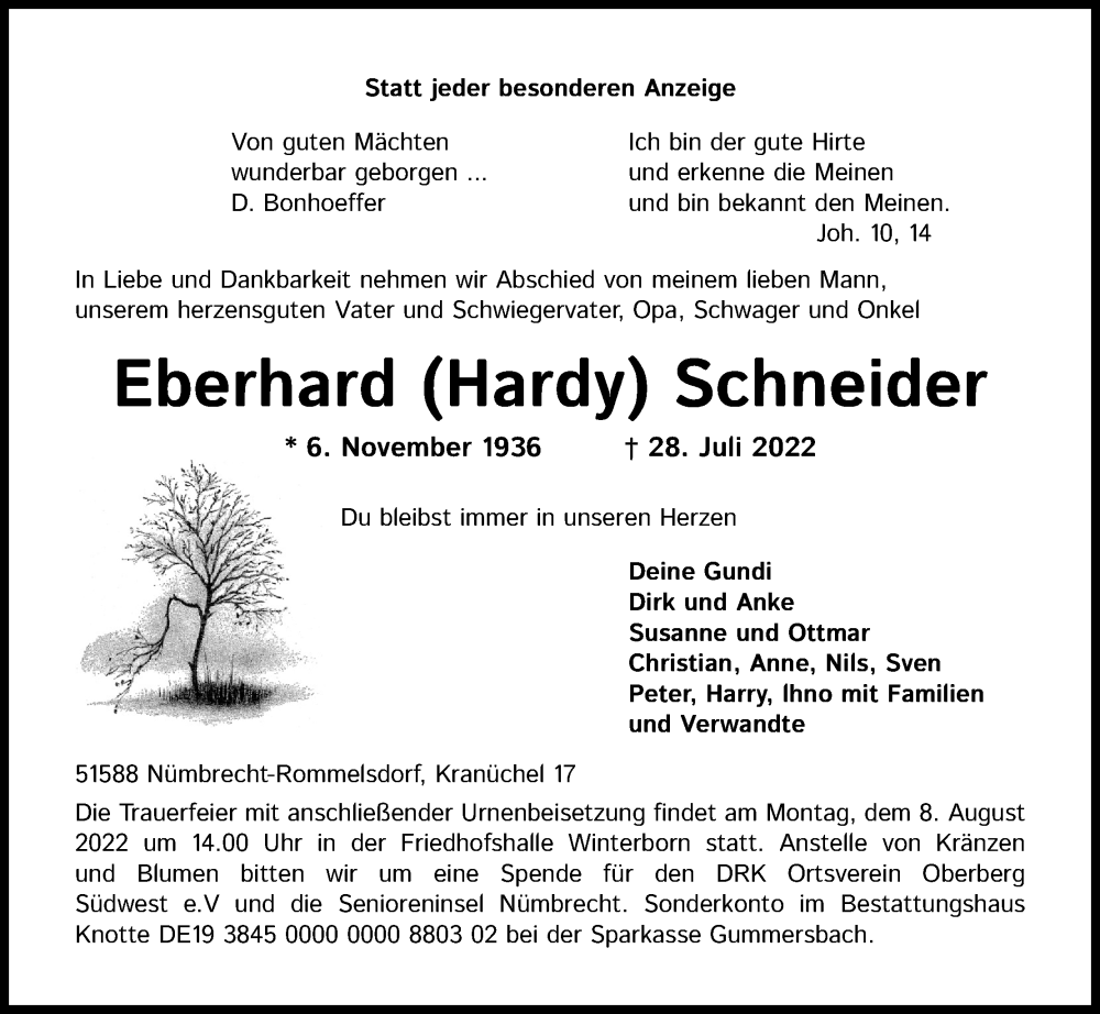  Traueranzeige für Eberhard  Schneider vom 03.08.2022 aus Kölner Stadt-Anzeiger / Kölnische Rundschau / Express
