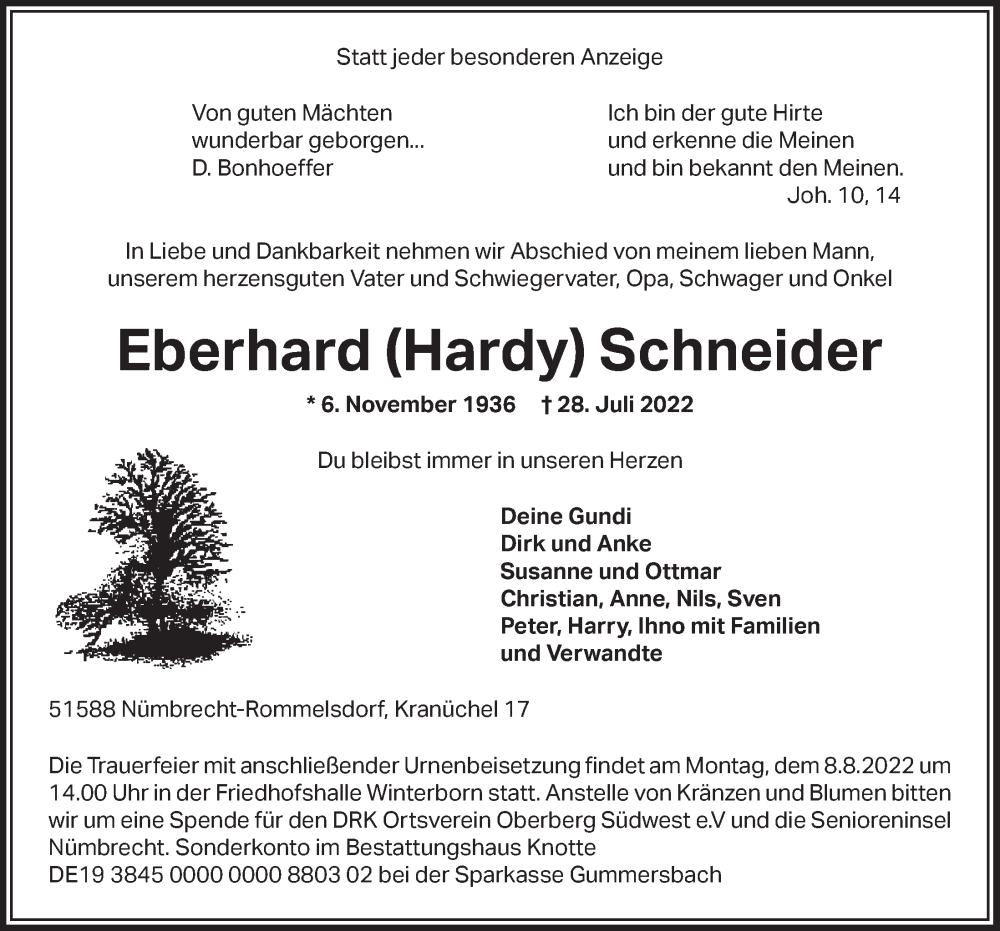  Traueranzeige für Eberhard  Schneider vom 05.08.2022 aus  Lokalanzeiger 