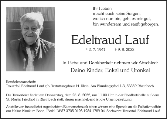 Anzeige von Edeltraud Lauf von  Schaufenster/Blickpunkt 