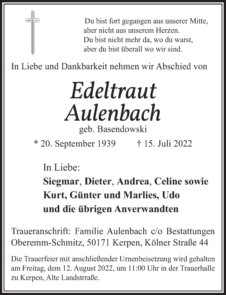  Traueranzeige für Edeltraut Aulenbach vom 05.08.2022 aus  Werbepost 