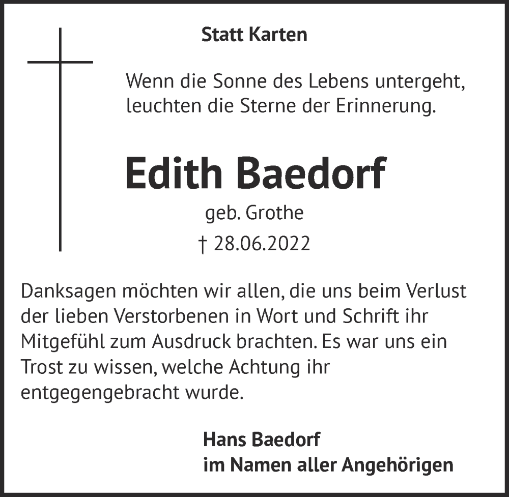  Traueranzeige für Edith Baedorf vom 12.08.2022 aus  EXPRESS - Die Woche 