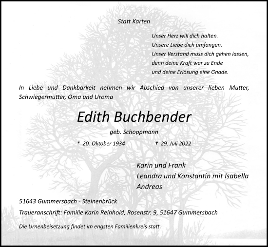 Anzeige von Edith Buchbender von Kölner Stadt-Anzeiger / Kölnische Rundschau / Express