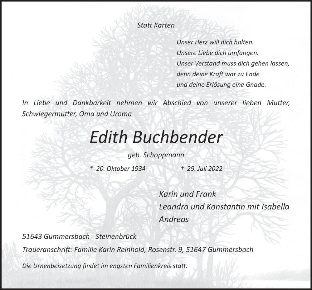  Traueranzeige für Edith Buchbender vom 12.08.2022 aus  Anzeigen Echo 