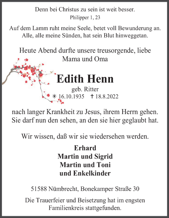 Anzeige von Edith Henn von Kölner Stadt-Anzeiger / Kölnische Rundschau / Express
