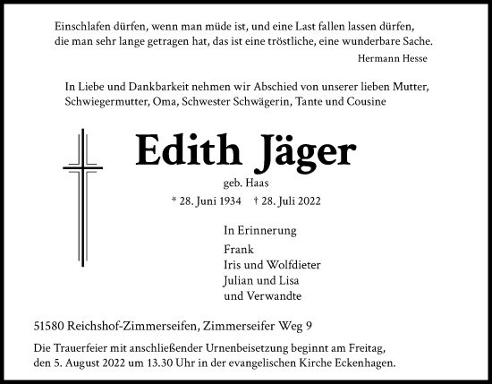 Anzeige von Edith Jäger von Kölner Stadt-Anzeiger / Kölnische Rundschau / Express