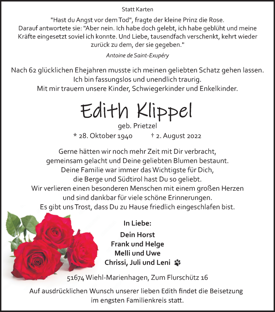  Traueranzeige für Edith Klippel vom 06.08.2022 aus Kölner Stadt-Anzeiger / Kölnische Rundschau / Express