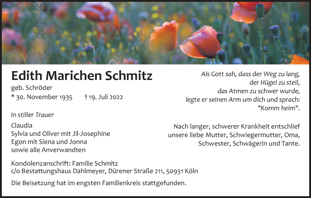  Traueranzeige für Edith Marichen Schmitz vom 06.08.2022 aus Kölner Stadt-Anzeiger / Kölnische Rundschau / Express