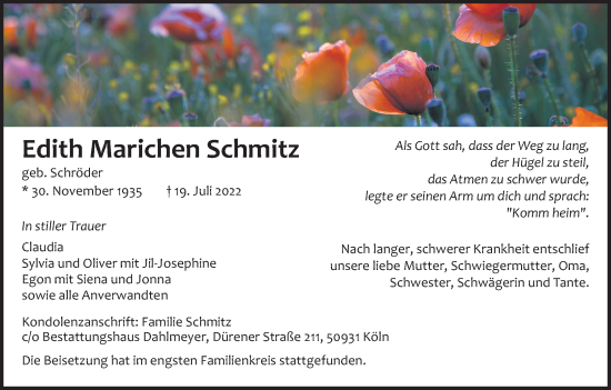 Anzeige von Edith Marichen Schmitz von Kölner Stadt-Anzeiger / Kölnische Rundschau / Express