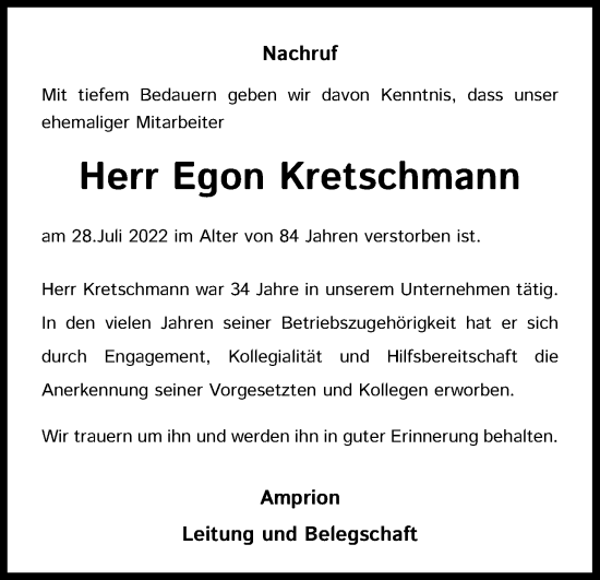 Anzeige von Egon Kretschmann von Kölner Stadt-Anzeiger / Kölnische Rundschau / Express