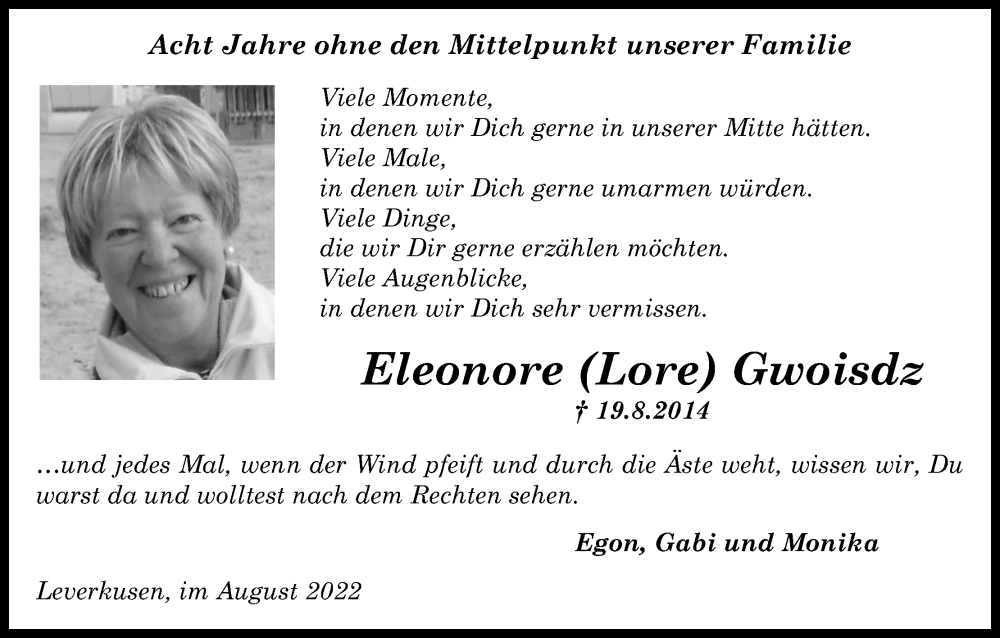  Traueranzeige für Eleonore Gwoisdz vom 20.08.2022 aus Kölner Stadt-Anzeiger / Kölnische Rundschau / Express