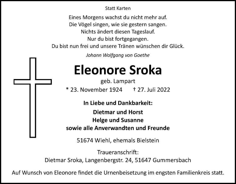  Traueranzeige für Eleonore Sroka vom 09.08.2022 aus Kölner Stadt-Anzeiger / Kölnische Rundschau / Express