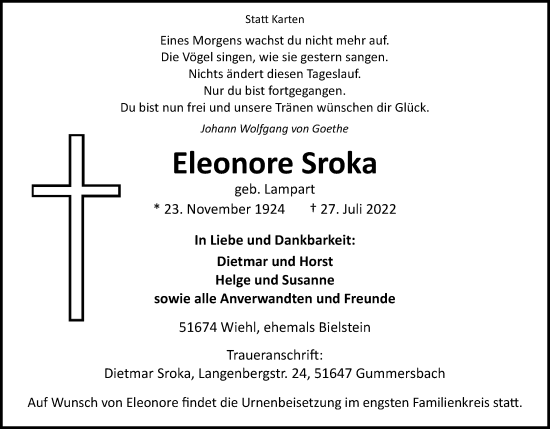 Anzeige von Eleonore Sroka von Kölner Stadt-Anzeiger / Kölnische Rundschau / Express