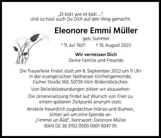 Anzeige von Eleonore Emmi Müller von Kölner Stadt-Anzeiger / Kölnische Rundschau / Express