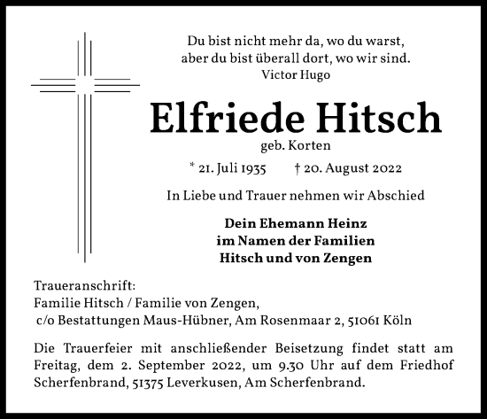 Anzeige von Elfriede Hitsch von Kölner Stadt-Anzeiger / Kölnische Rundschau / Express