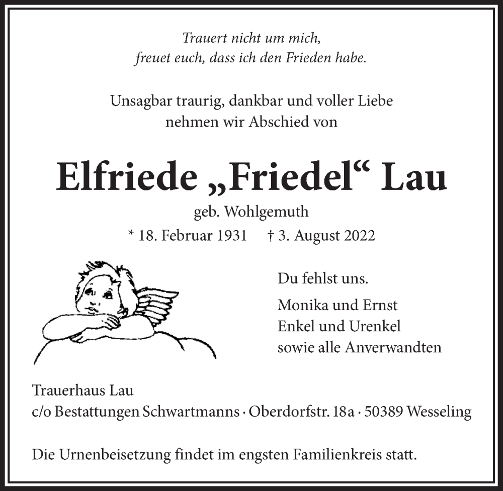  Traueranzeige für Elfriede Lau vom 12.08.2022 aus  Schlossbote/Werbekurier 