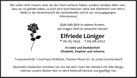 Anzeige von Elfriede Lüniger von  Anzeigen Echo 