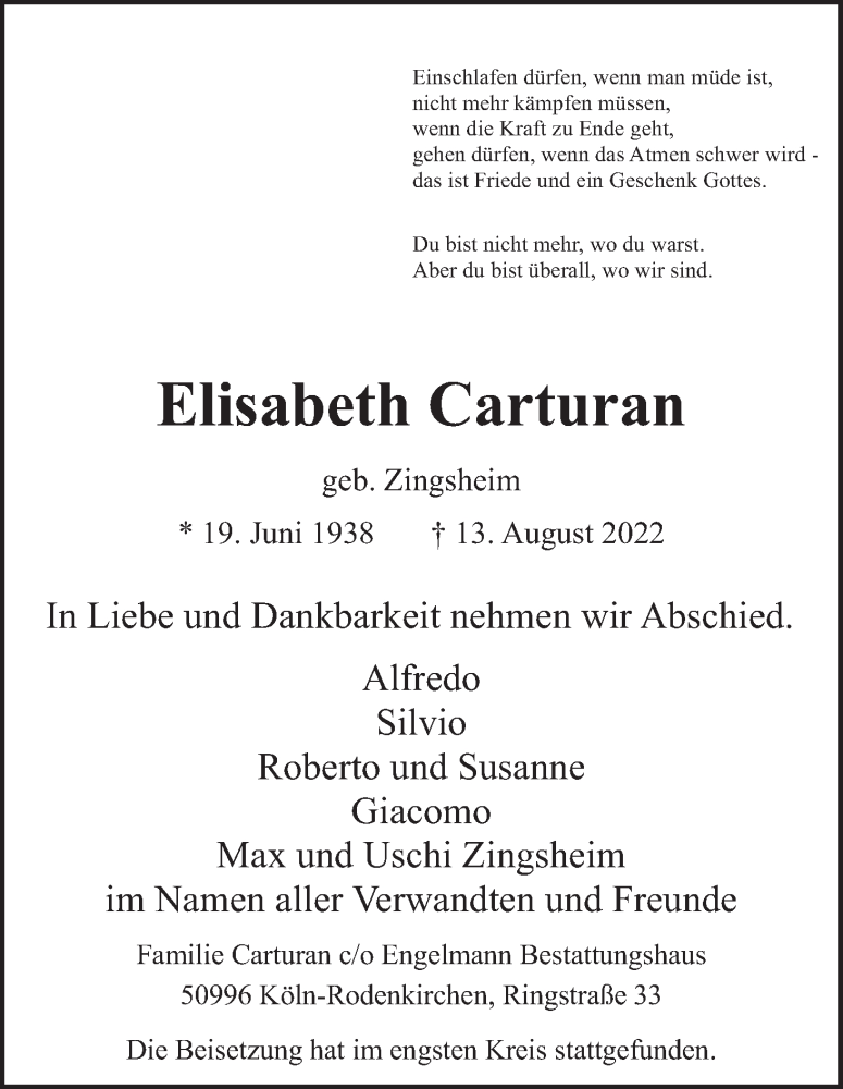  Traueranzeige für Elisabeth Carturan vom 27.08.2022 aus Kölner Stadt-Anzeiger / Kölnische Rundschau / Express