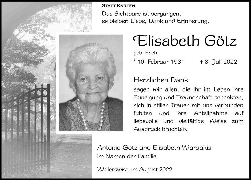  Traueranzeige für Elisabeth Götz vom 13.08.2022 aus  Blickpunkt Euskirchen 