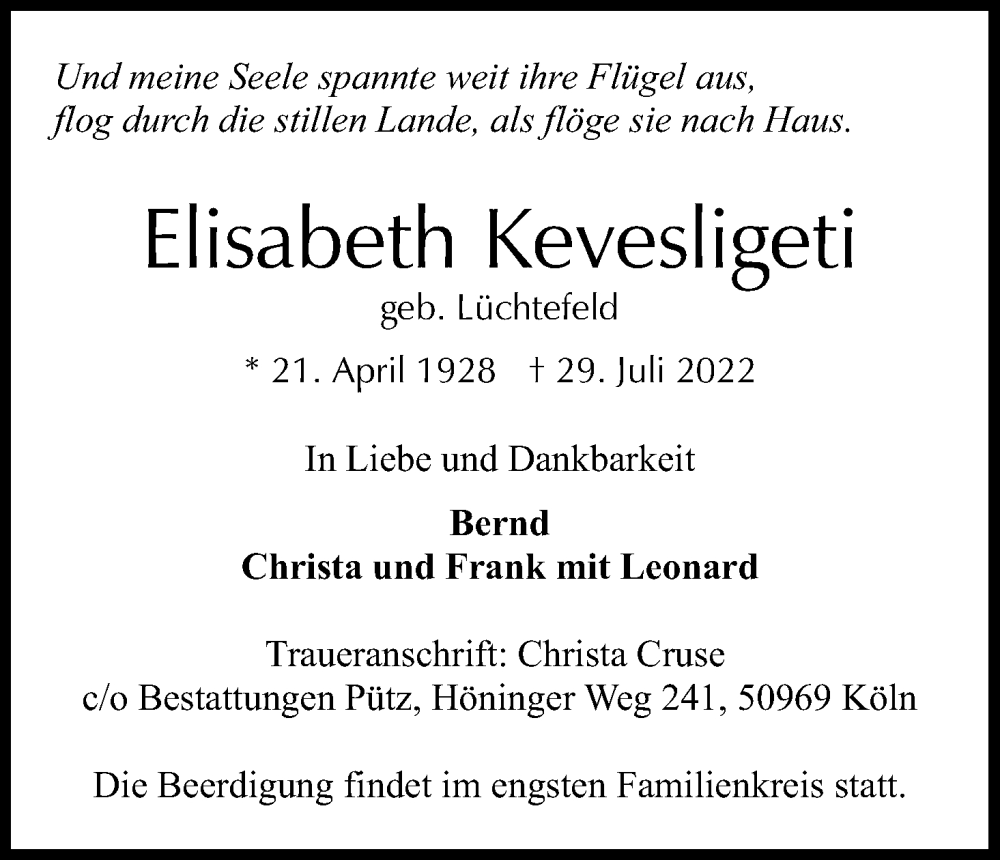  Traueranzeige für Elisabeth Kevesligeti vom 06.08.2022 aus Kölner Stadt-Anzeiger / Kölnische Rundschau / Express