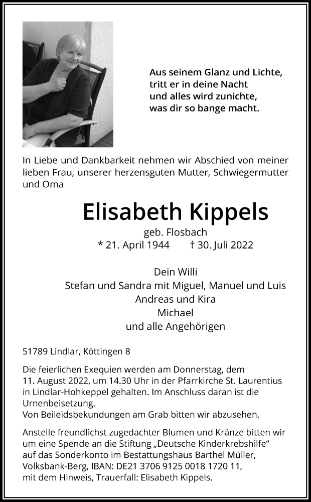  Traueranzeige für Elisabeth Kippels vom 06.08.2022 aus Kölner Stadt-Anzeiger / Kölnische Rundschau / Express