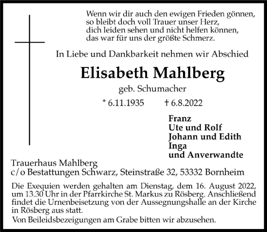 Anzeige von Elisabeth Mahlberg von  Schaufenster/Blickpunkt 