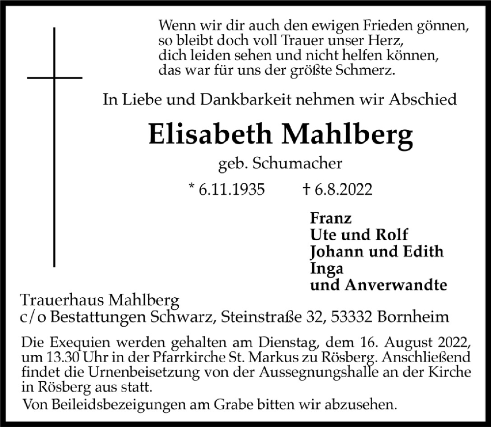 Traueranzeige für Elisabeth Mahlberg vom 12.08.2022 aus  Schaufenster/Blickpunkt 