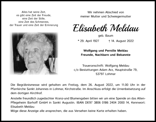 Anzeige von Elisabeth Meldau von Kölner Stadt-Anzeiger / Kölnische Rundschau / Express