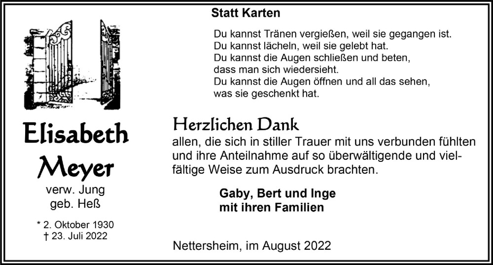  Traueranzeige für Elisabeth Meyer vom 27.08.2022 aus  Blickpunkt Euskirchen 