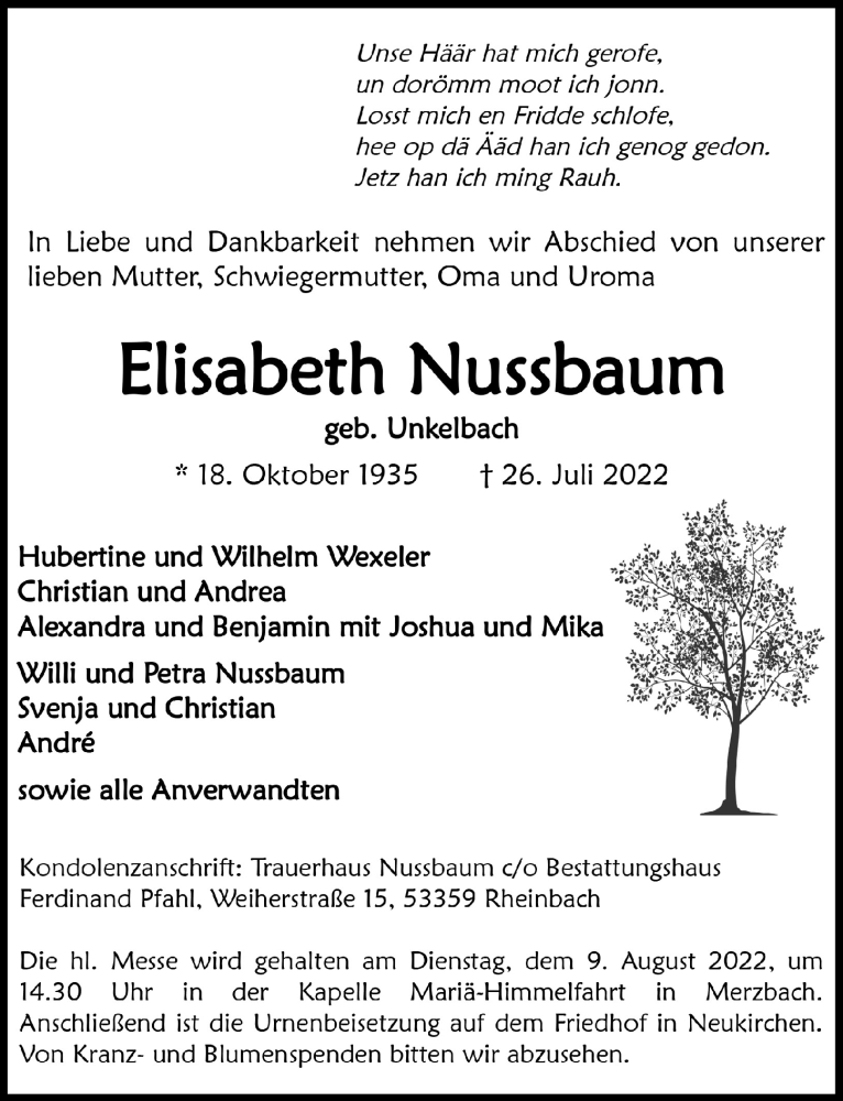 Traueranzeige für Elisabeth Nussbaum vom 05.08.2022 aus  Schaufenster/Blickpunkt 