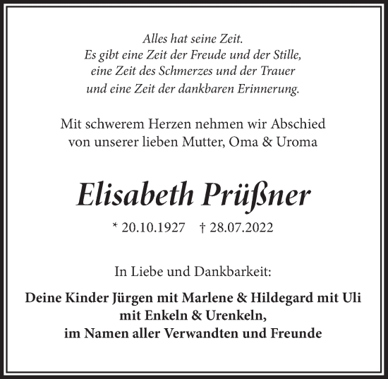 Anzeige von Elisabeth Prüßner von  Schlossbote/Werbekurier 