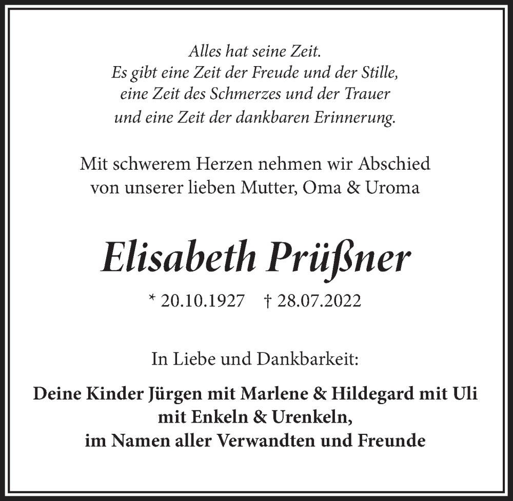  Traueranzeige für Elisabeth Prüßner vom 12.08.2022 aus  Schlossbote/Werbekurier 