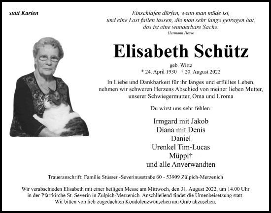 Anzeige von Elisabeth Schütz von  Blickpunkt Euskirchen 