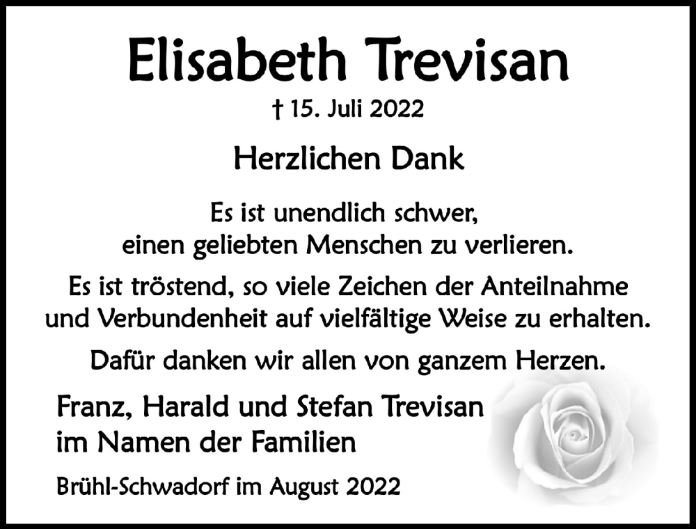  Traueranzeige für Elisabeth Trevisan vom 19.08.2022 aus  Schlossbote/Werbekurier 