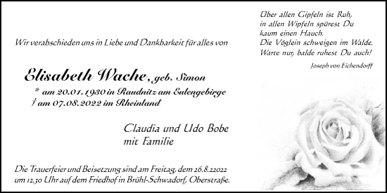 Anzeige von Elisabeth Wache von  Schlossbote/Werbekurier 