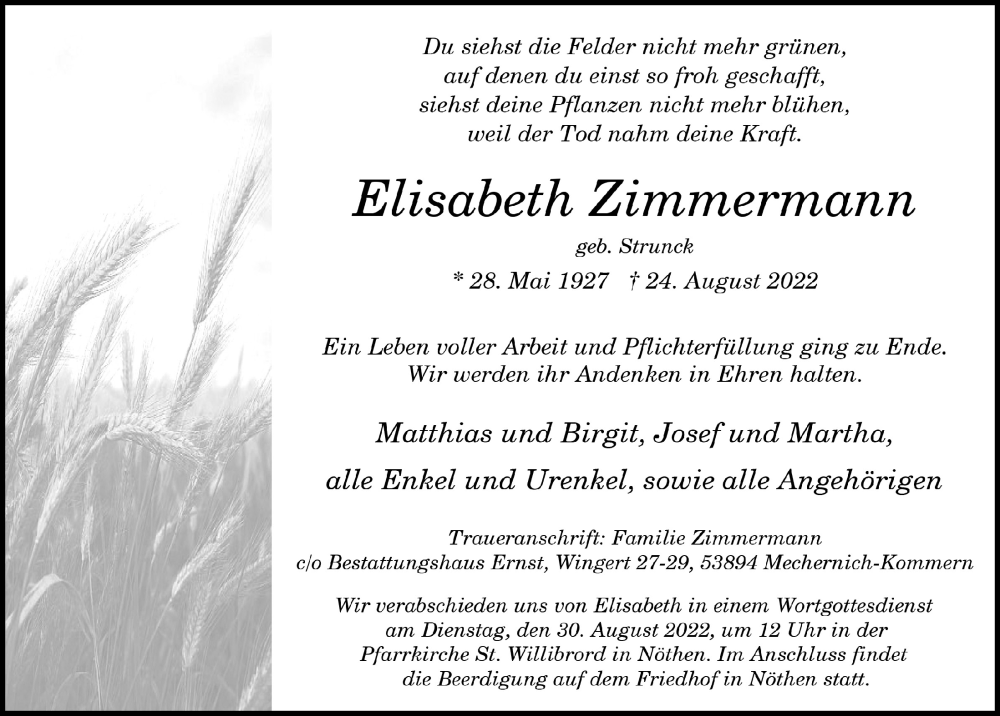  Traueranzeige für Elisabeth Zimmermann vom 27.08.2022 aus  Blickpunkt Euskirchen 