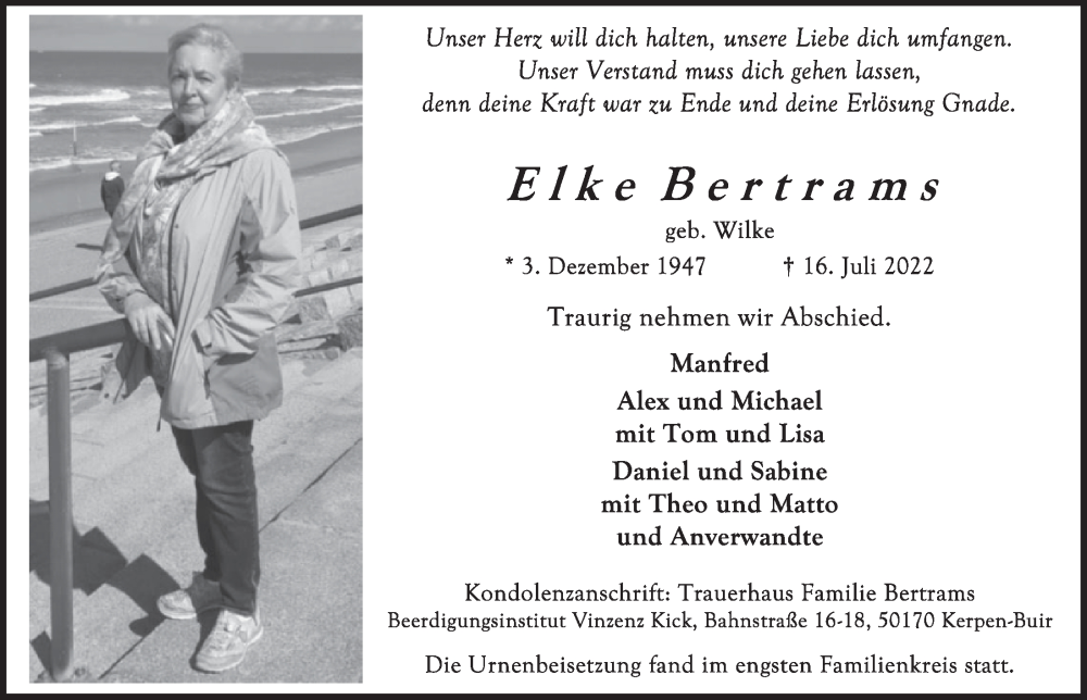  Traueranzeige für Elke Bertrams vom 05.08.2022 aus  Werbepost 