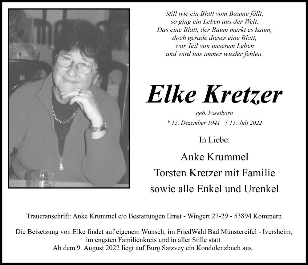  Traueranzeige für Elke Kretzer vom 06.08.2022 aus  Blickpunkt Euskirchen 